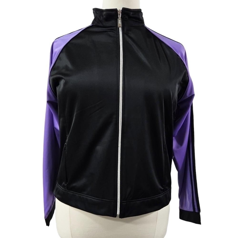 Coldwater Creek NWT Black Purple Arm Stripe Stand Collar Zip Jacket Pockets